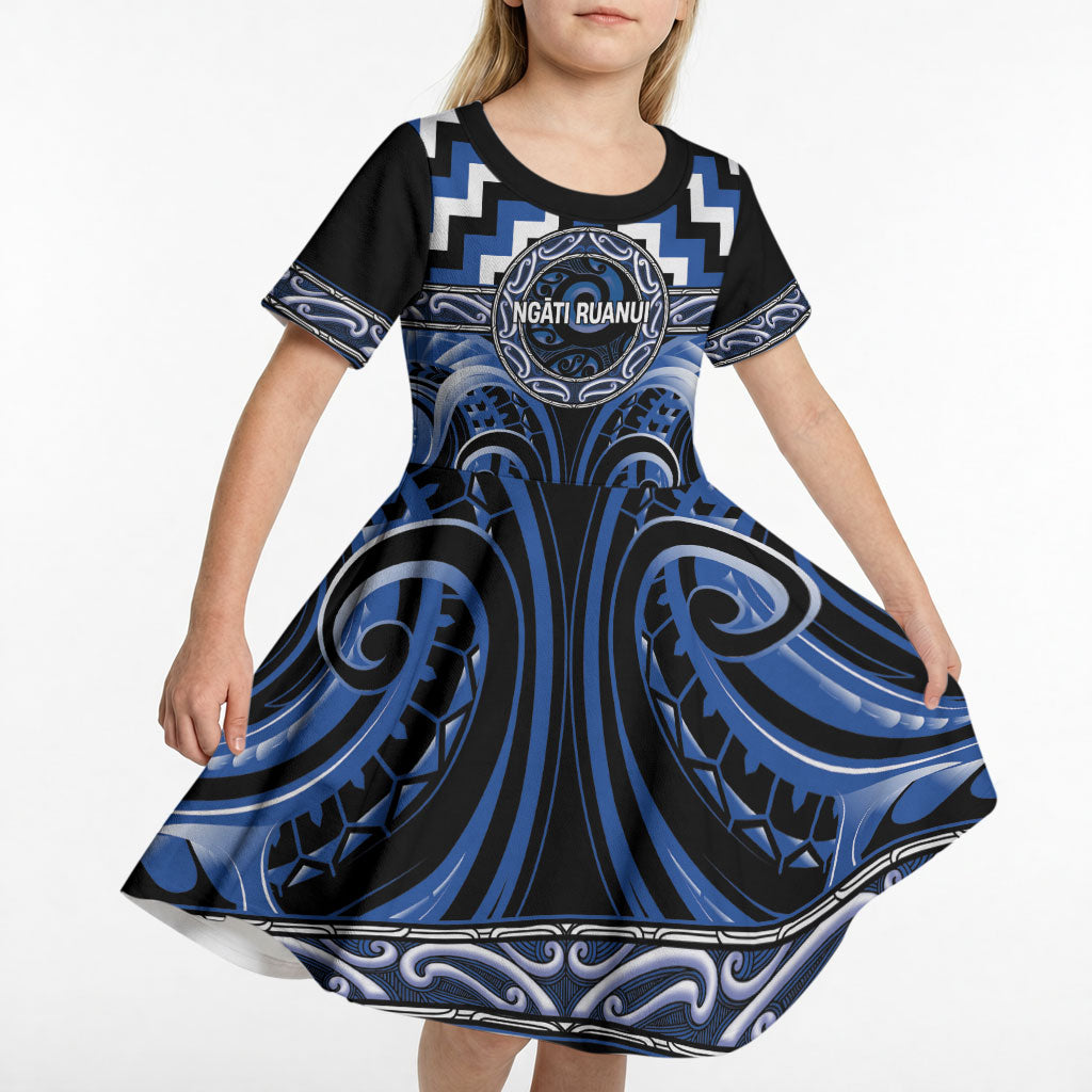 Aotearoa Ngati Ruanui Personalised Kid Short Sleeve Dress Maori Iwi Poutama Puhoro Tattoo LT14 - Polynesian Pride
