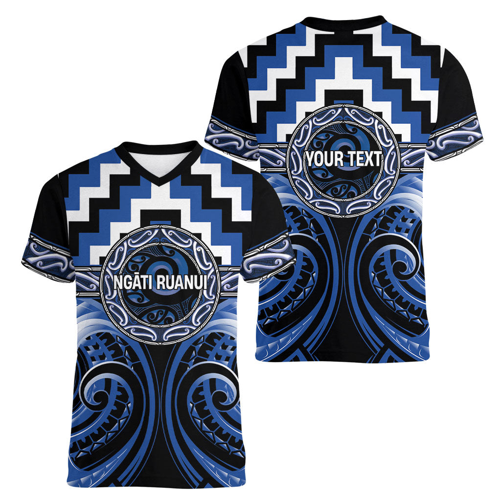Aotearoa Ngati Ruanui Personalised Women V-Neck T-Shirt Maori Iwi Poutama Puhoro Tattoo LT14 - Polynesian Pride