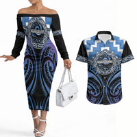 Aotearoa Ngaruahine Personalised Couples Matching Off The Shoulder Long Sleeve Dress and Hawaiian Shirt Maori Iwi Poutama Puhoro Tattoo LT14 Blue - Polynesian Pride