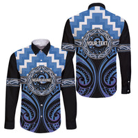 Aotearoa Ngaruahine Personalised Family Matching Long Sleeve Bodycon Dress and Hawaiian Shirt Maori Iwi Poutama Puhoro Tattoo LT14 Dad's Shirt - Long Sleeve Blue - Polynesian Pride