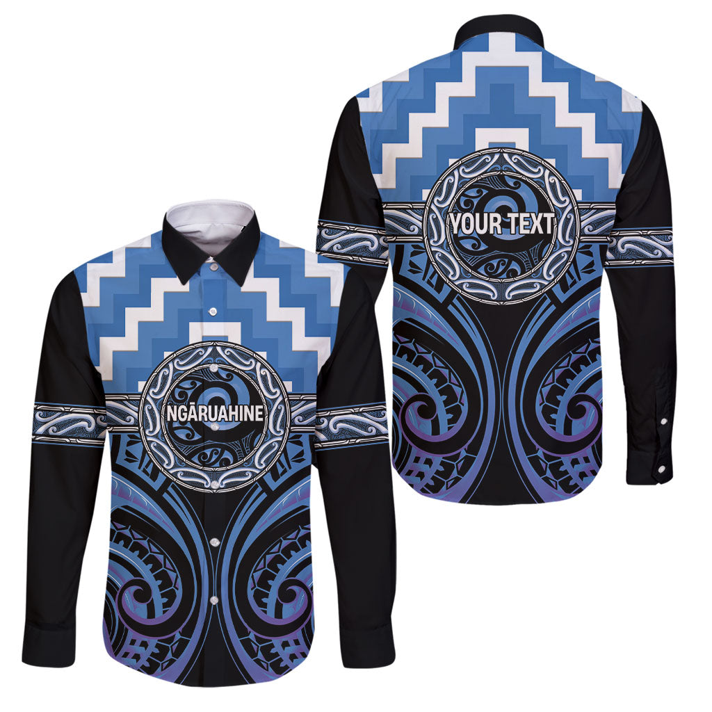 Aotearoa Ngaruahine Personalised Family Matching Off The Shoulder Long Sleeve Dress and Hawaiian Shirt Maori Iwi Poutama Puhoro Tattoo LT14 Dad's Shirt - Long Sleeve Blue - Polynesian Pride