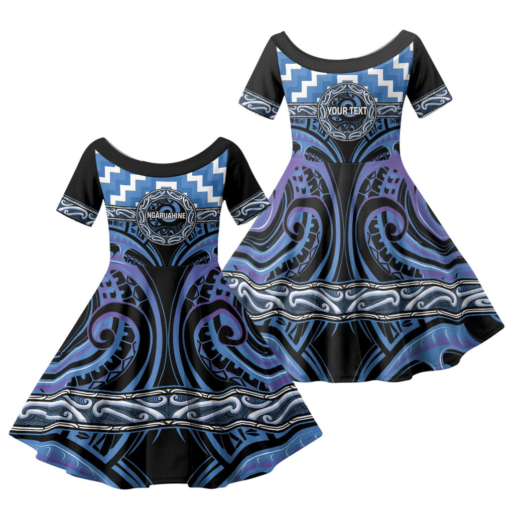 Aotearoa Ngaruahine Personalised Family Matching Off Shoulder Short Dress and Hawaiian Shirt Maori Iwi Poutama Puhoro Tattoo LT14 Daughter's Dress Blue - Polynesian Pride