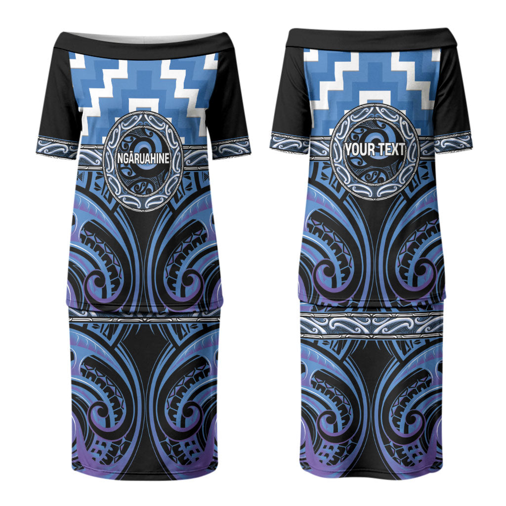 Aotearoa Ngaruahine Personalised Family Matching Puletasi and Hawaiian Shirt Maori Iwi Poutama Puhoro Tattoo LT14 Mom's Dress Blue - Polynesian Pride