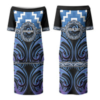 Aotearoa Ngaruahine Personalised Family Matching Puletasi and Hawaiian Shirt Maori Iwi Poutama Puhoro Tattoo LT14 Mom's Dress Blue - Polynesian Pride