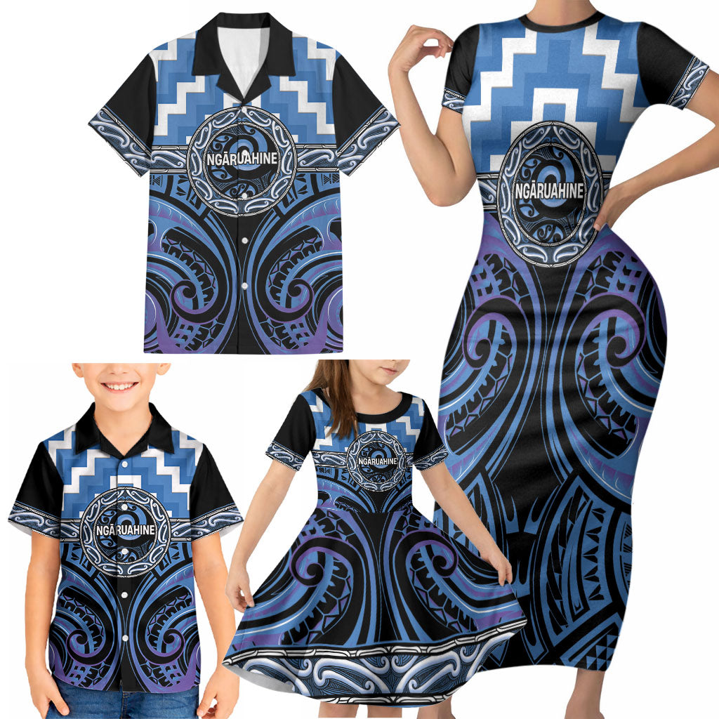 Aotearoa Ngaruahine Personalised Family Matching Short Sleeve Bodycon Dress and Hawaiian Shirt Maori Iwi Poutama Puhoro Tattoo LT14 - Polynesian Pride