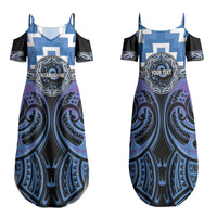 Aotearoa Ngaruahine Personalised Family Matching Summer Maxi Dress and Hawaiian Shirt Maori Iwi Poutama Puhoro Tattoo LT14 Mom's Dress Blue - Polynesian Pride