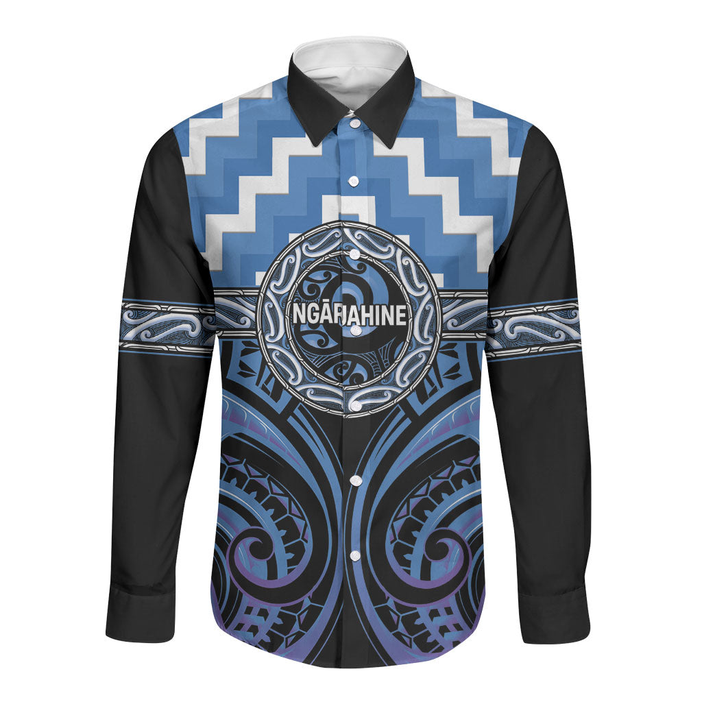 Aotearoa Ngaruahine Personalised Long Sleeve Button Shirt Maori Iwi Poutama Puhoro Tattoo LT14 Unisex Blue - Polynesian Pride