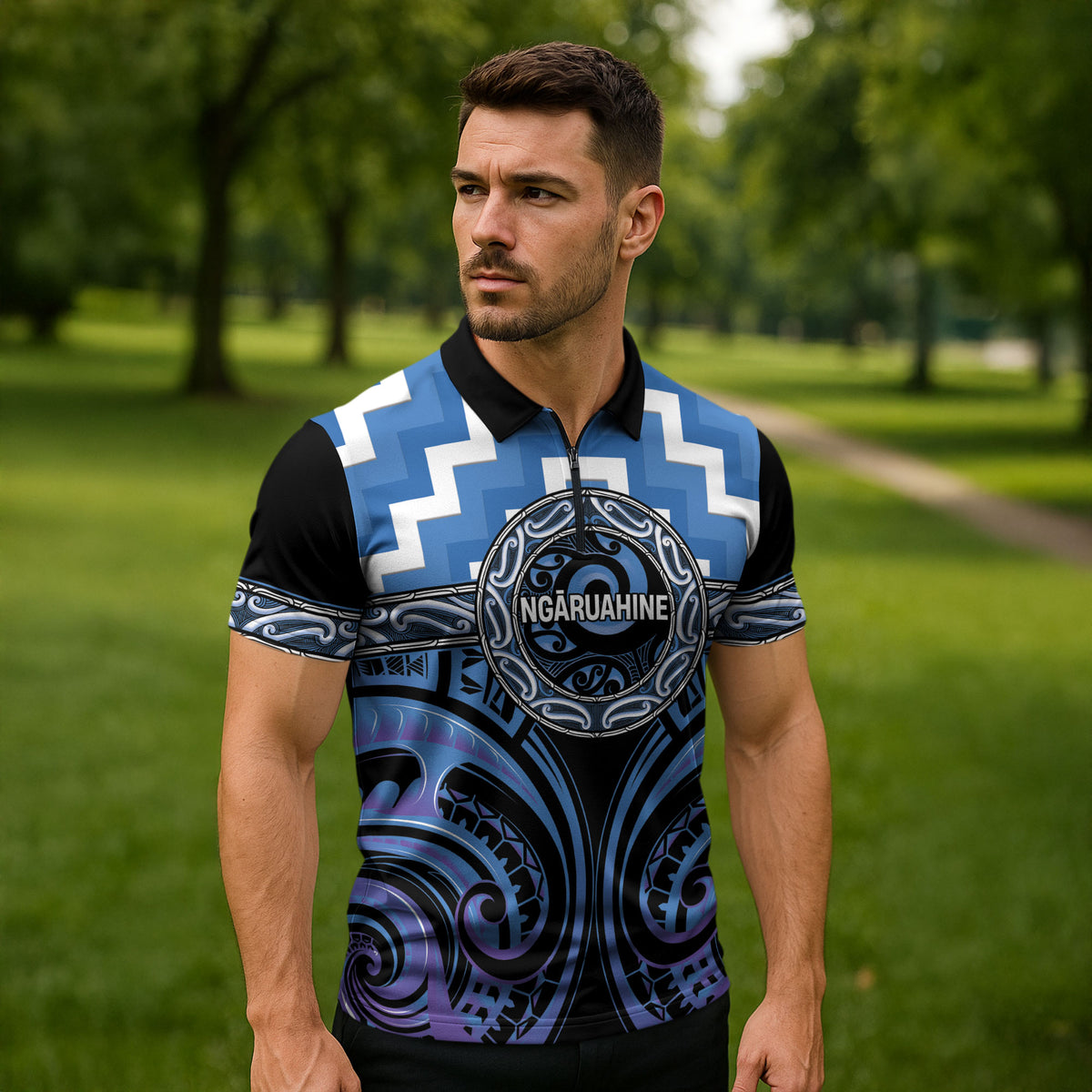 Aotearoa Ngaruahine Personalised Zipper Polo Shirt Maori Iwi Poutama Puhoro Tattoo LT14 - Polynesian Pride