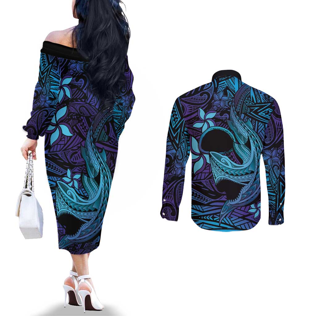 Nukuoro Atoll Couples Matching Off The Shoulder Long Sleeve Dress and Long Sleeve Button Shirt Polynesian Shark Tattoo Purple Gradient Vibes