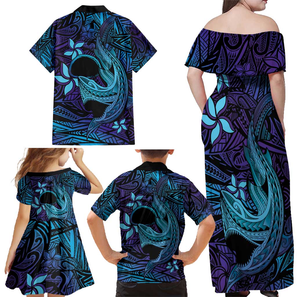 Nukuoro Atoll Family Matching Off Shoulder Maxi Dress and Hawaiian Shirt Polynesian Shark Tattoo Purple Gradient Vibes