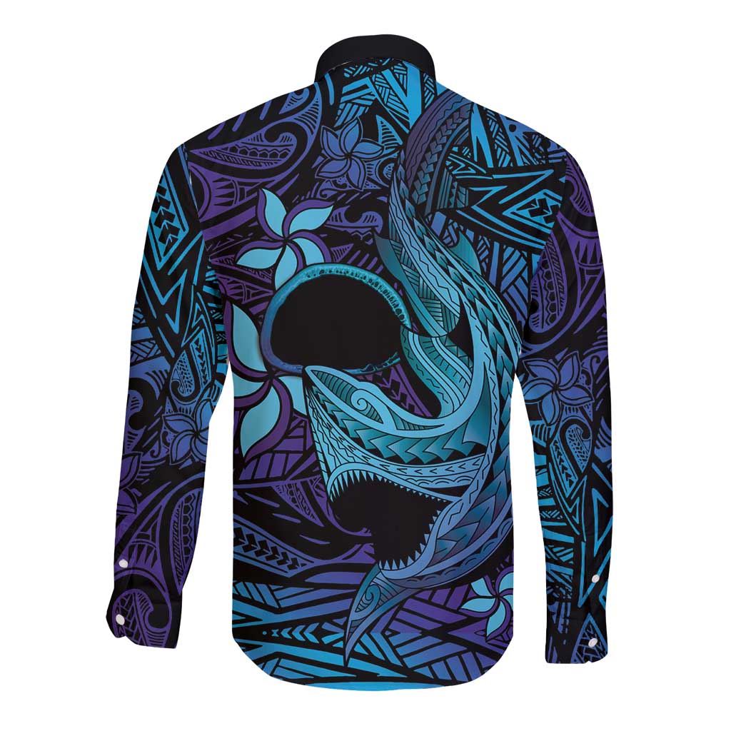 Nukuoro Atoll Long Sleeve Button Shirt Polynesian Shark Tattoo Purple Gradient Vibes