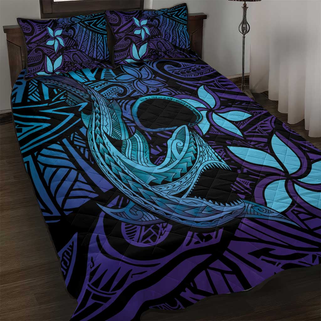 Nukuoro Atoll Quilt Bed Set Polynesian Shark Tattoo Purple Gradient Vibes