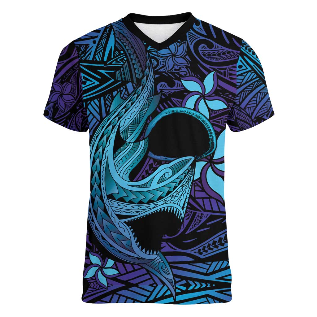 Nukuoro Atoll Women V-Neck T-Shirt Polynesian Shark Tattoo Purple Gradient Vibes