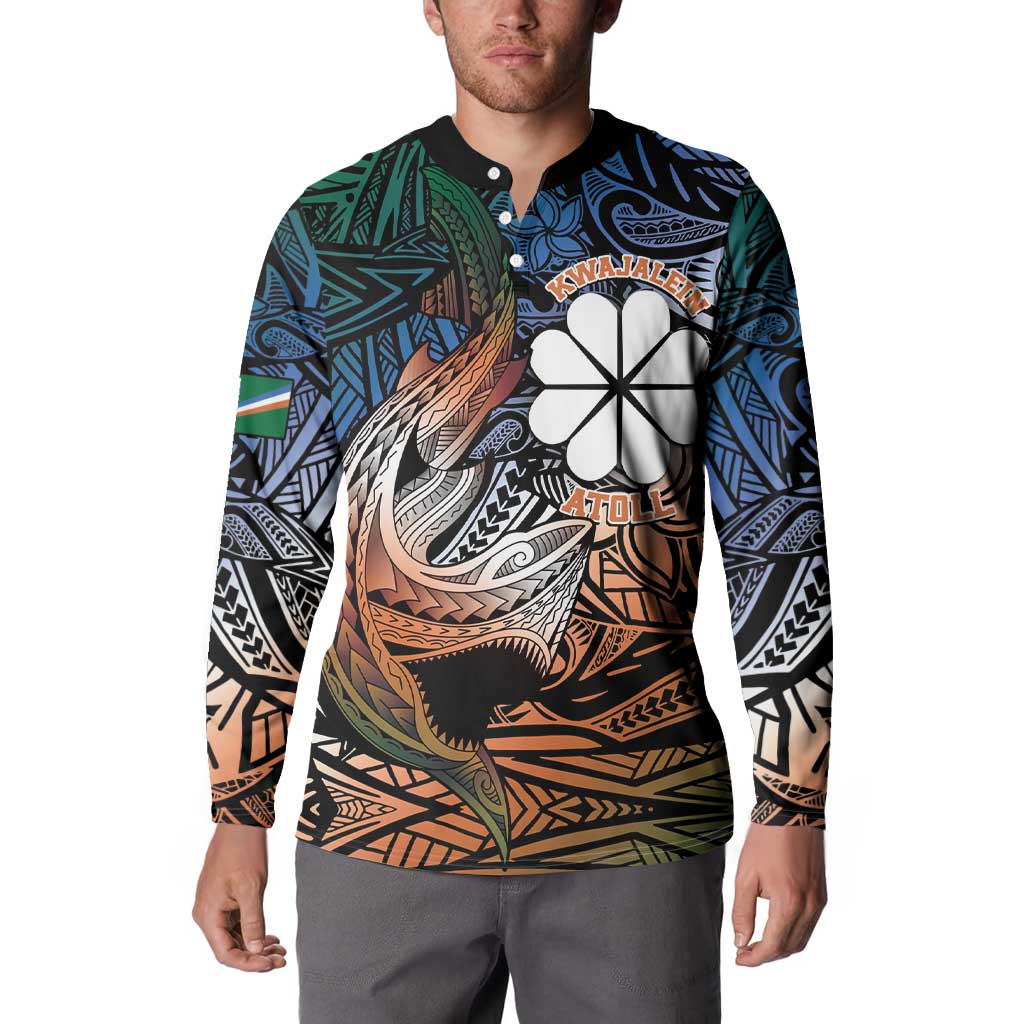 Personalised Kwajalein Atoll Button Sweatshirt Polynesian Shark Tattoo Gradient Vibes