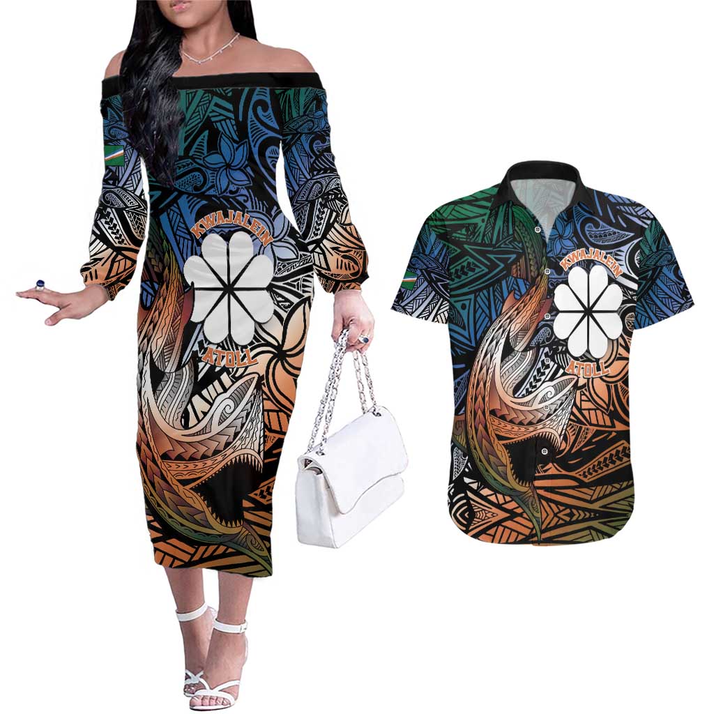 Personalised Kwajalein Atoll Couples Matching Off The Shoulder Long Sleeve Dress and Hawaiian Shirt Polynesian Shark Tattoo Gradient Vibes