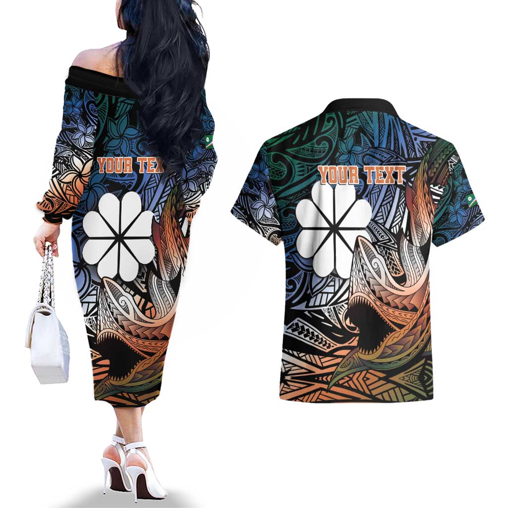 Personalised Kwajalein Atoll Couples Matching Off The Shoulder Long Sleeve Dress and Hawaiian Shirt Polynesian Shark Tattoo Gradient Vibes