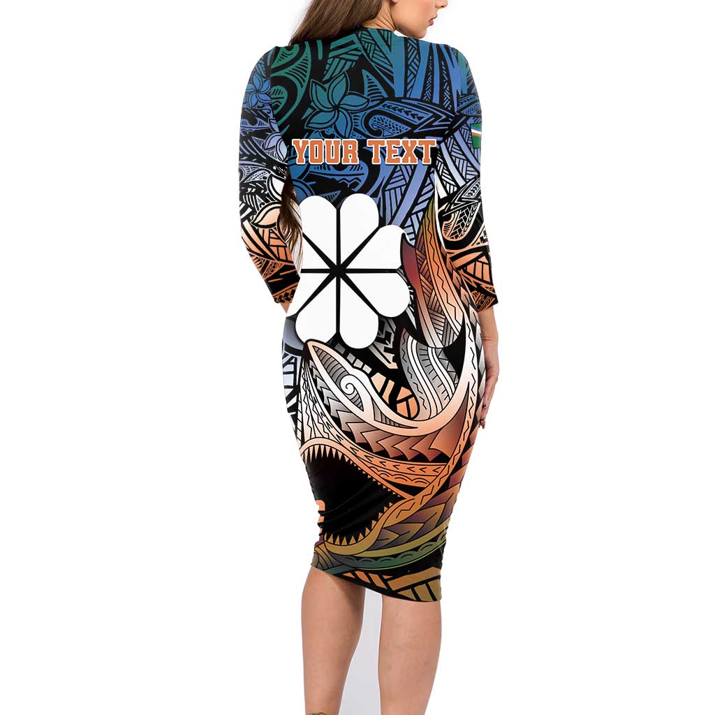 Personalised Kwajalein Atoll Family Matching Long Sleeve Bodycon Dress and Hawaiian Shirt Polynesian Shark Tattoo Gradient Vibes