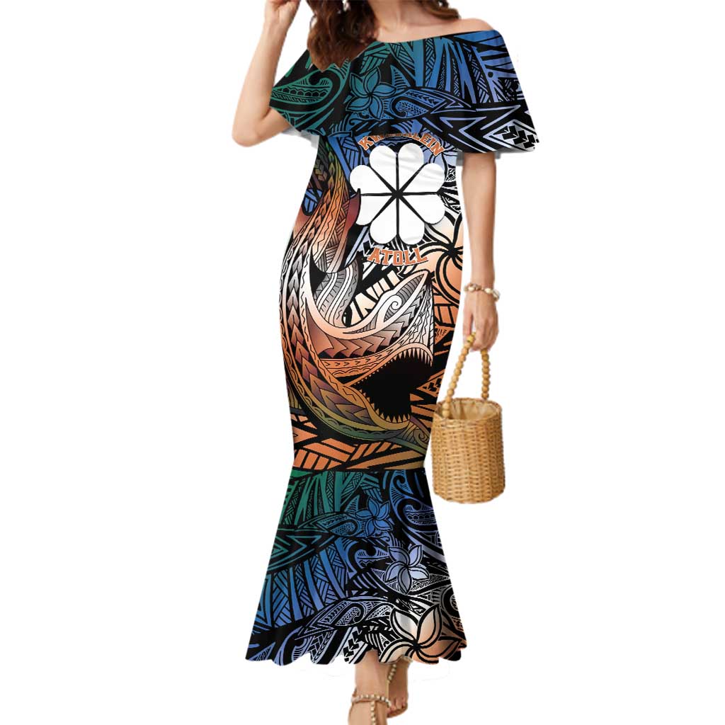 Personalised Kwajalein Atoll Family Matching Mermaid Dress and Hawaiian Shirt Polynesian Shark Tattoo Gradient Vibes