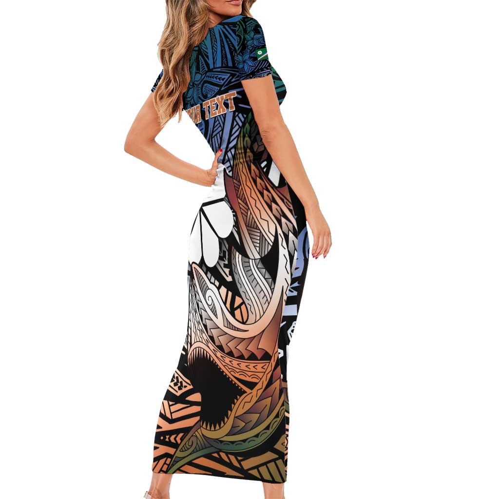 Personalised Kwajalein Atoll Family Matching Short Sleeve Bodycon Dress and Hawaiian Shirt Polynesian Shark Tattoo Gradient Vibes