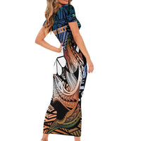 Personalised Kwajalein Atoll Family Matching Short Sleeve Bodycon Dress and Hawaiian Shirt Polynesian Shark Tattoo Gradient Vibes