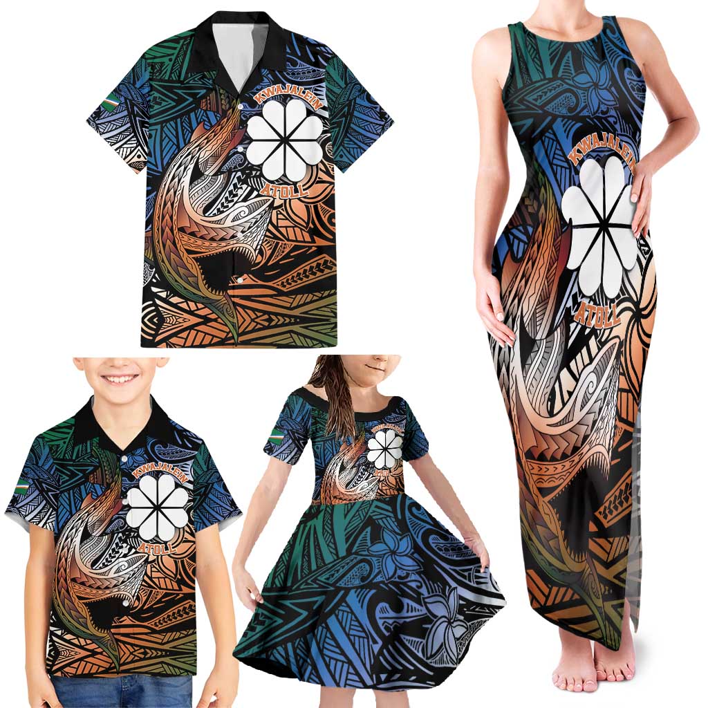 Personalised Kwajalein Atoll Family Matching Tank Maxi Dress and Hawaiian Shirt Polynesian Shark Tattoo Gradient Vibes