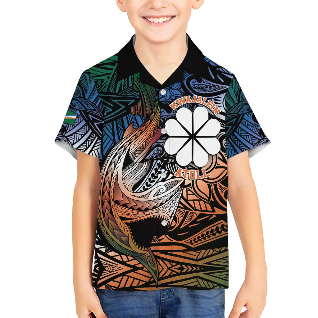 Personalised Kwajalein Atoll Kid Hawaiian Shirt Polynesian Shark Tattoo Gradient Vibes