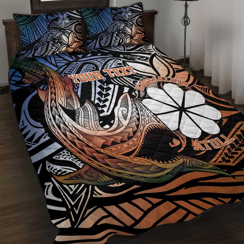 Personalised Kwajalein Atoll Quilt Bed Set Polynesian Shark Tattoo Gradient Vibes