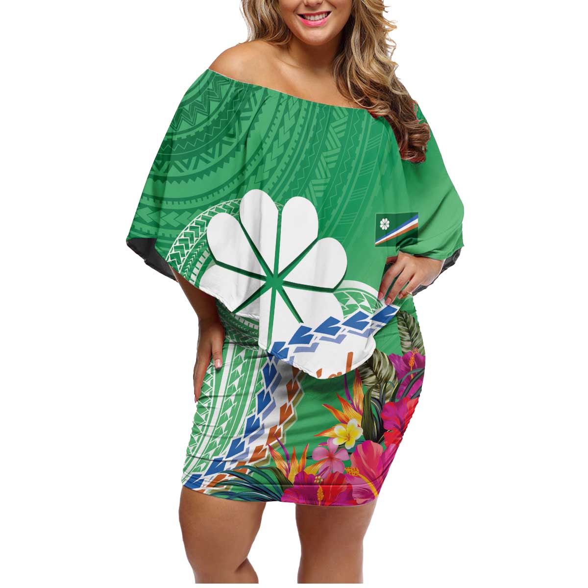 Marshall Islands Kwajalein Atoll Family Matching Off Shoulder Short Dress and Hawaiian Shirt Curves Polynesian Mix Tropical Flowers