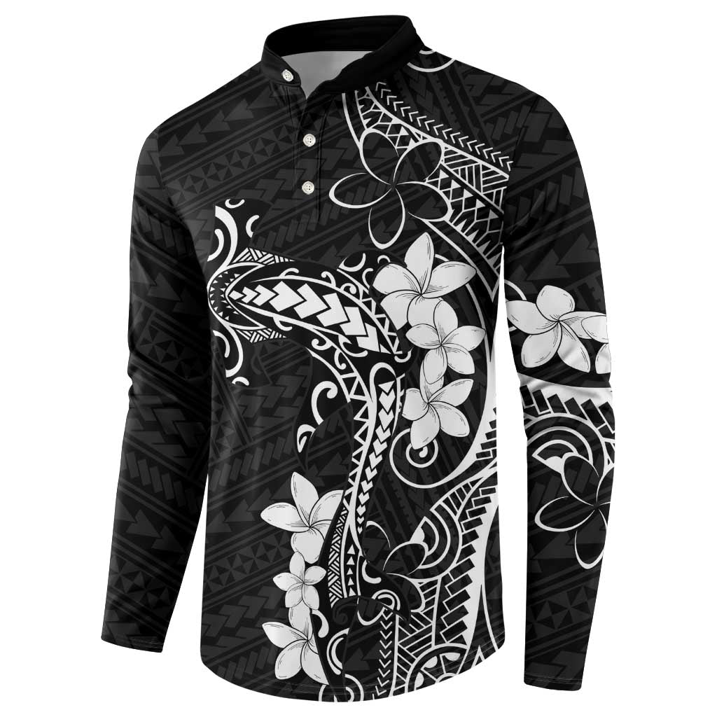 Black Hawaii Button Sweatshirt Hammerhead Shark Tattoo Curve Polynesian - Polynesian Pride