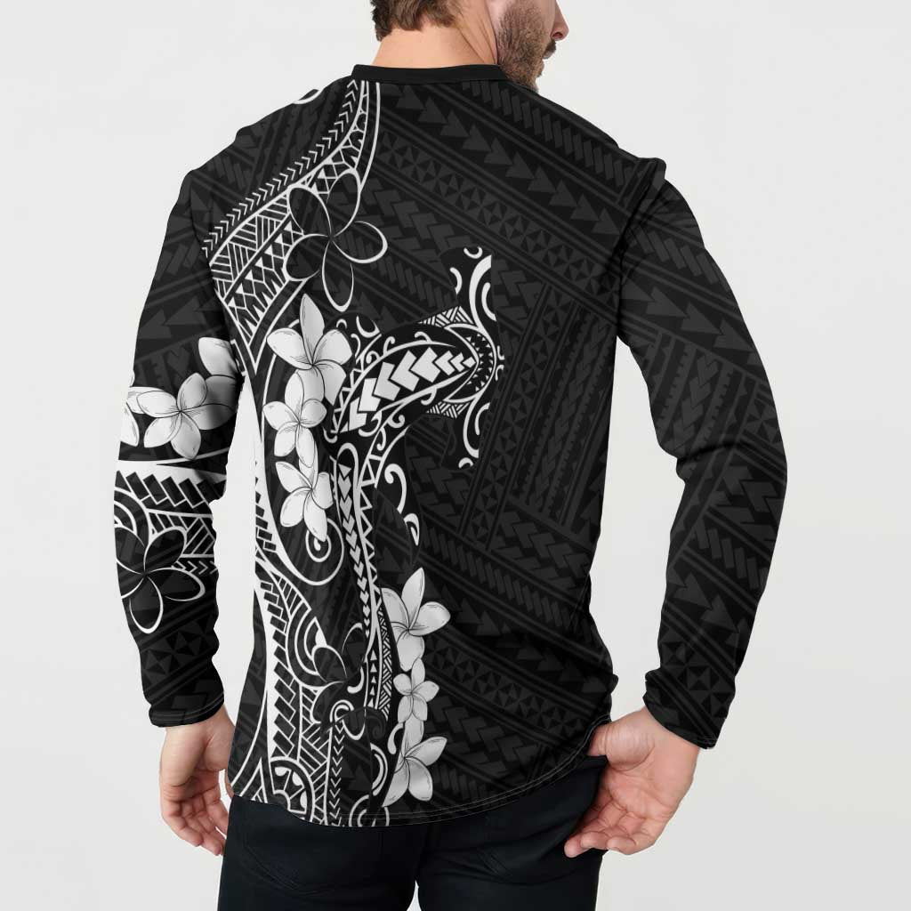 Black Hawaii Button Sweatshirt Hammerhead Shark Tattoo Curve Polynesian - Polynesian Pride