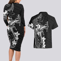 Black Hawaii Couples Matching Long Sleeve Bodycon Dress and Hawaiian Shirt Hammerhead Shark Tattoo Curve Polynesian - Polynesian Pride