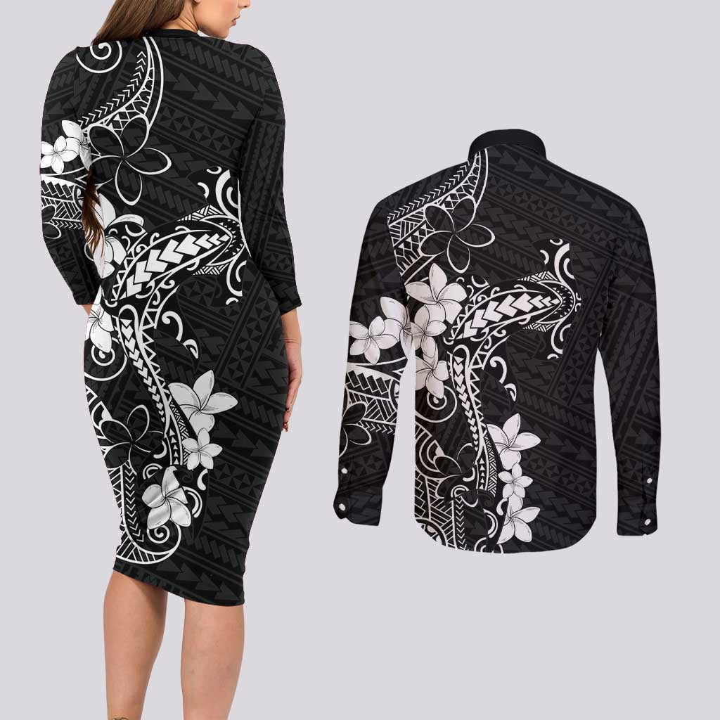 Black Hawaii Couples Matching Long Sleeve Bodycon Dress and Long Sleeve Button Shirt Hammerhead Shark Tattoo Curve Polynesian - Polynesian Pride