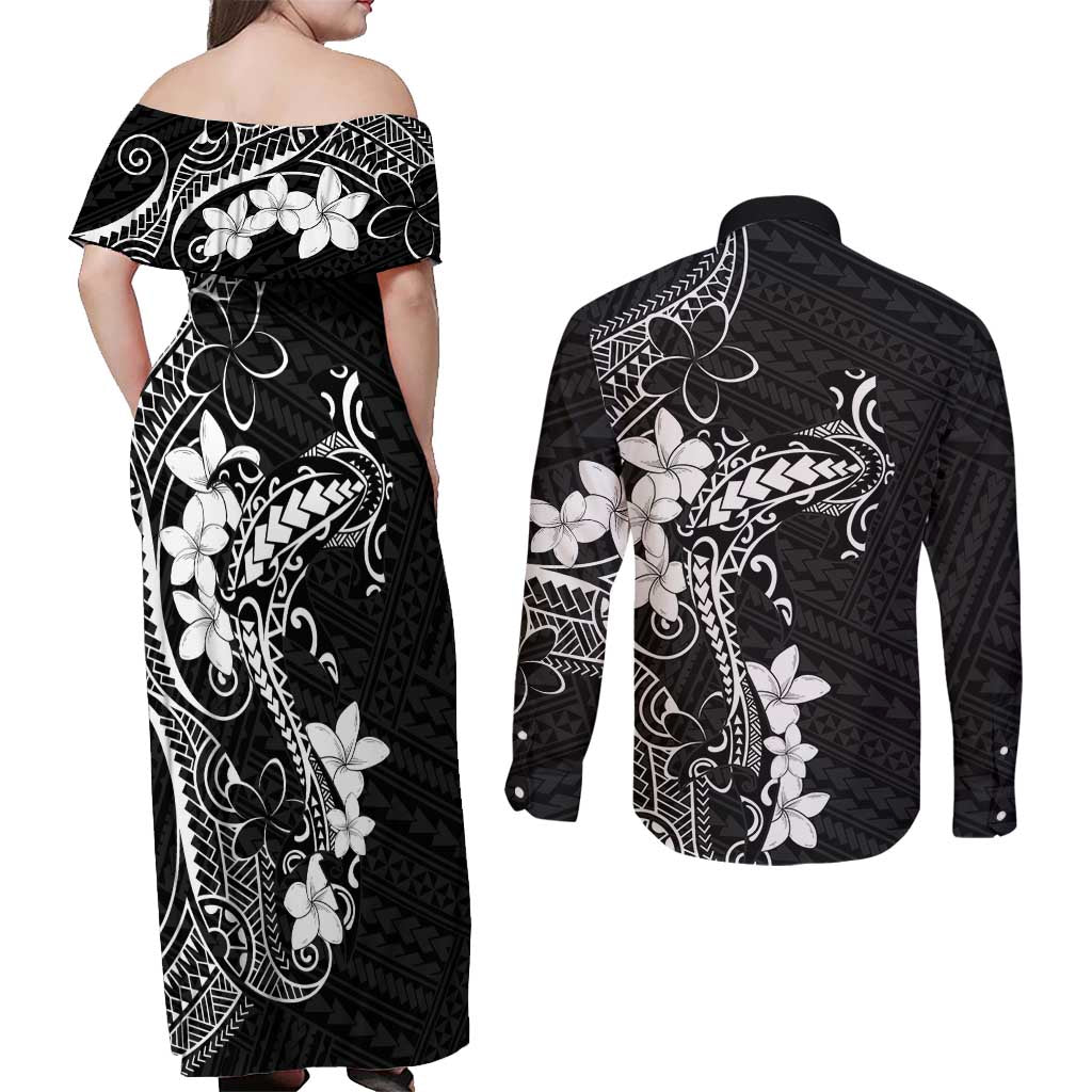 Black Hawaii Couples Matching Off Shoulder Maxi Dress and Long Sleeve Button Shirt Hammerhead Shark Tattoo Curve Polynesian - Polynesian Pride