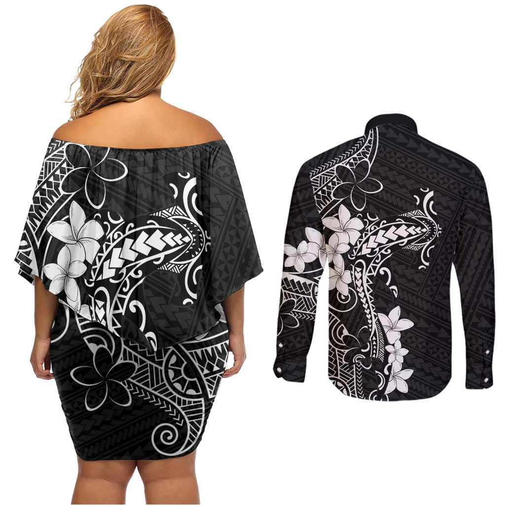 Black Hawaii Couples Matching Off Shoulder Short Dress and Long Sleeve Button Shirt Hammerhead Shark Tattoo Curve Polynesian - Polynesian Pride