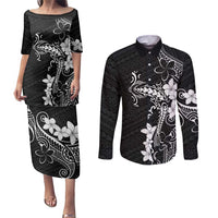 Black Hawaii Couples Matching Puletasi and Long Sleeve Button Shirt Hammerhead Shark Tattoo Curve Polynesian - Polynesian Pride