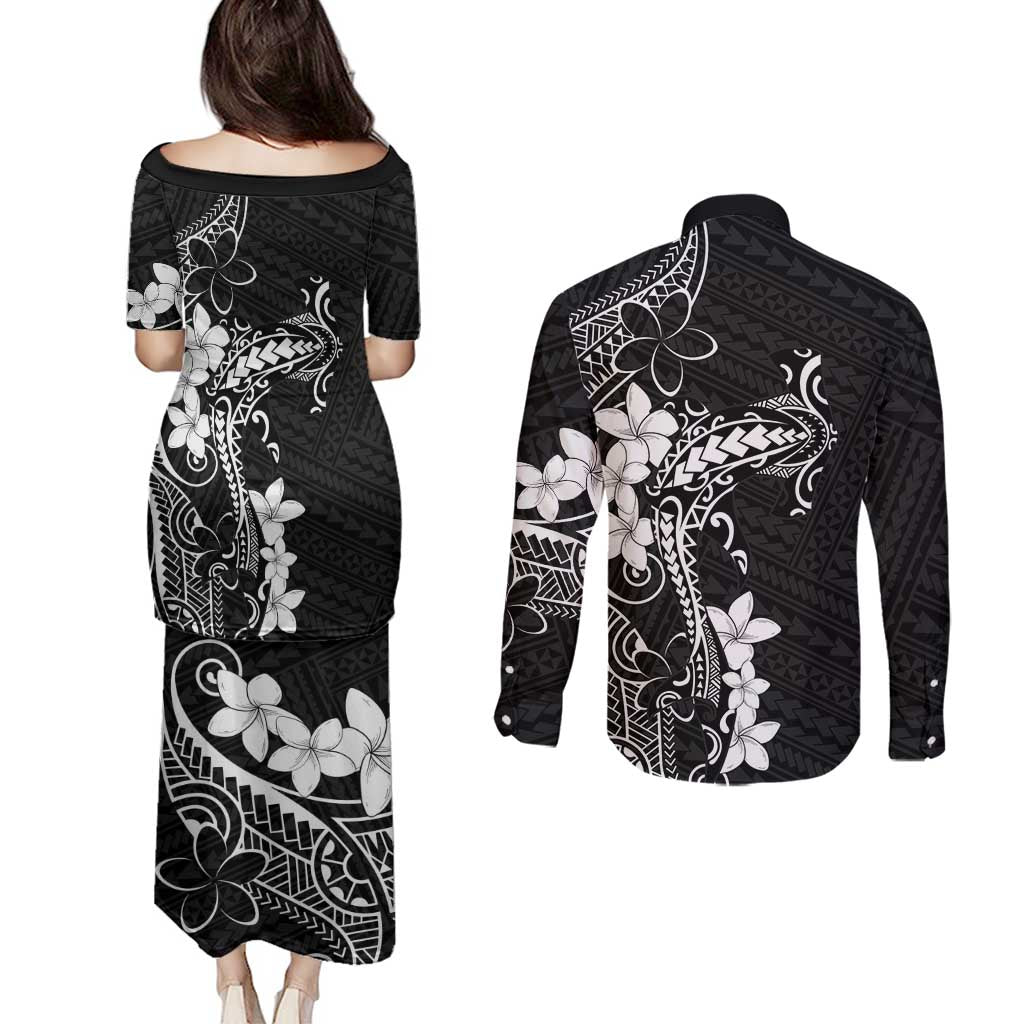 Black Hawaii Couples Matching Puletasi and Long Sleeve Button Shirt Hammerhead Shark Tattoo Curve Polynesian - Polynesian Pride
