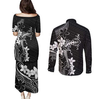 Black Hawaii Couples Matching Puletasi and Long Sleeve Button Shirt Hammerhead Shark Tattoo Curve Polynesian - Polynesian Pride