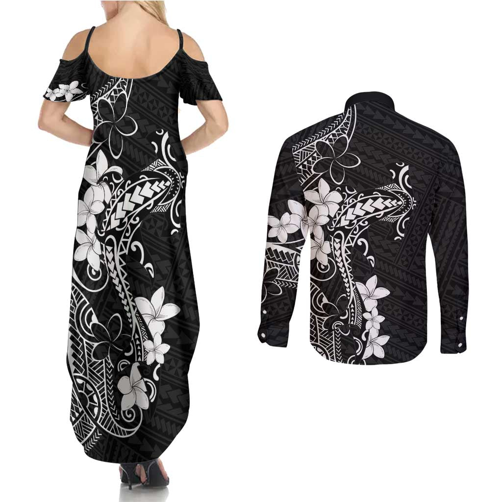 Black Hawaii Couples Matching Summer Maxi Dress and Long Sleeve Button Shirt Hammerhead Shark Tattoo Curve Polynesian - Polynesian Pride