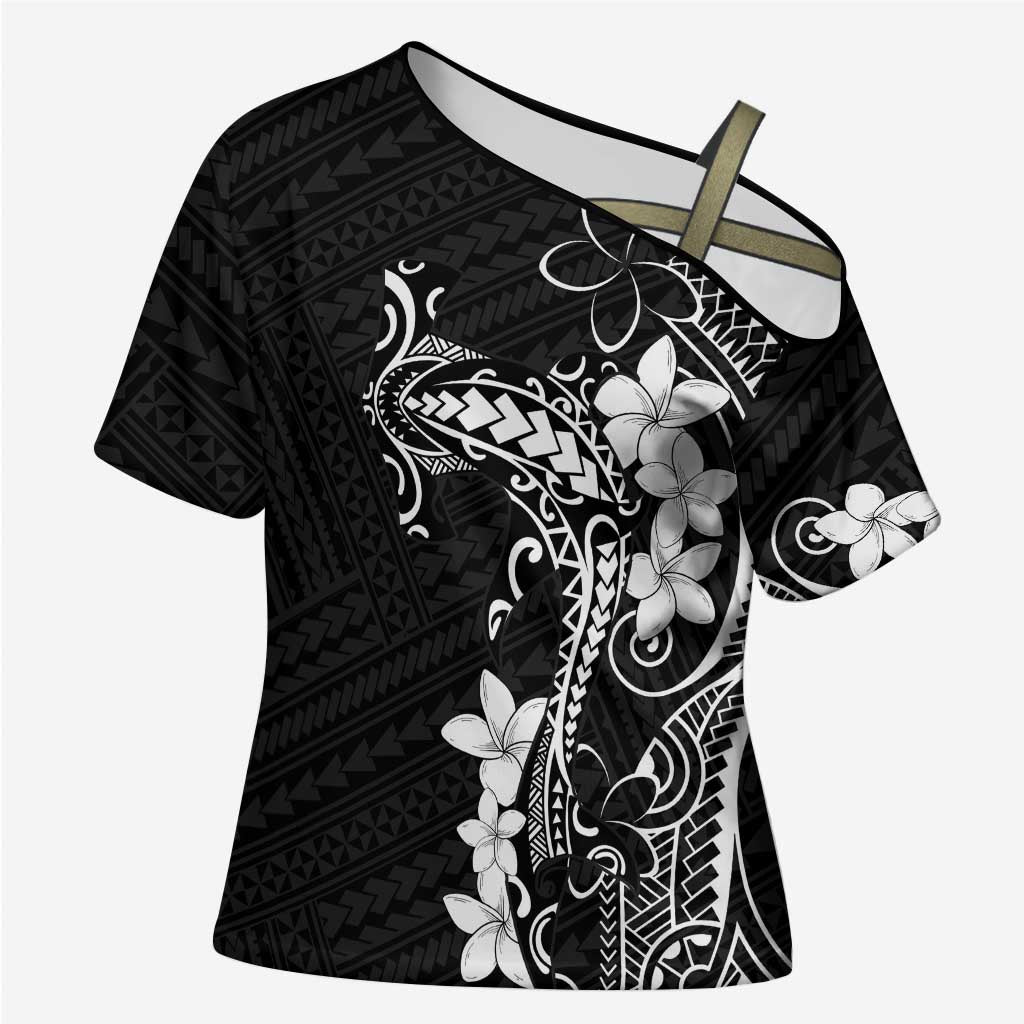 Black Hawaii Cross Shoulder Shirt Hammerhead Shark Tattoo Curve Polynesian - Polynesian Pride