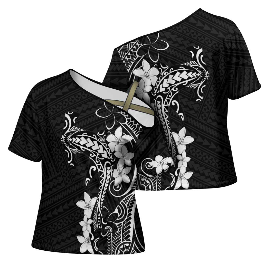 Black Hawaii Cross Shoulder Shirt Hammerhead Shark Tattoo Curve Polynesian - Polynesian Pride