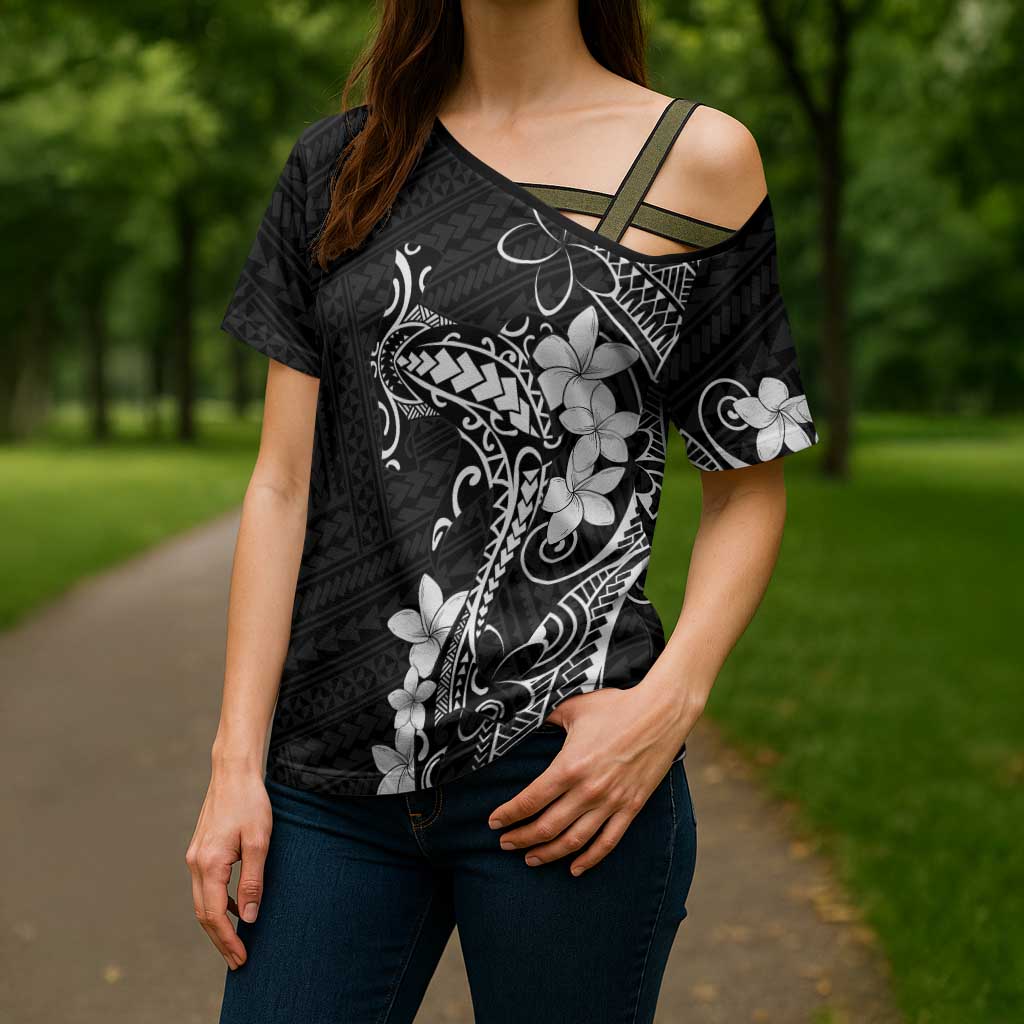 Black Hawaii Cross Shoulder Shirt Hammerhead Shark Tattoo Curve Polynesian - Polynesian Pride