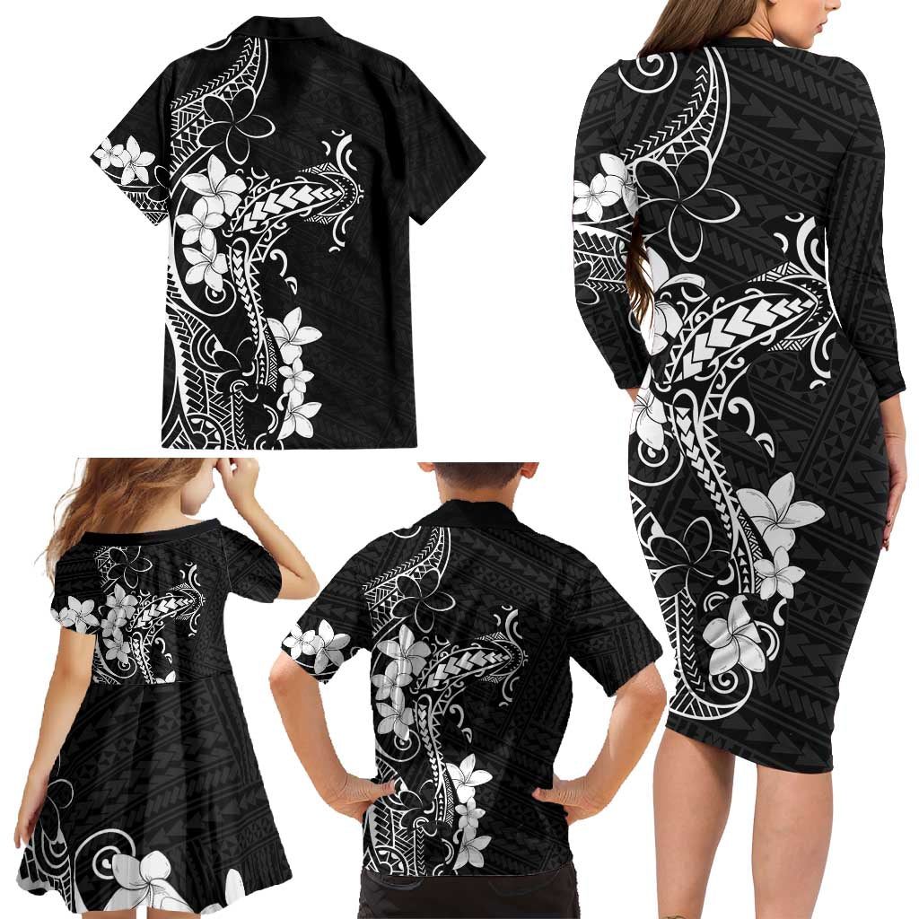Black Hawaii Family Matching Long Sleeve Bodycon Dress and Hawaiian Shirt Hammerhead Shark Tattoo Curve Polynesian - Polynesian Pride