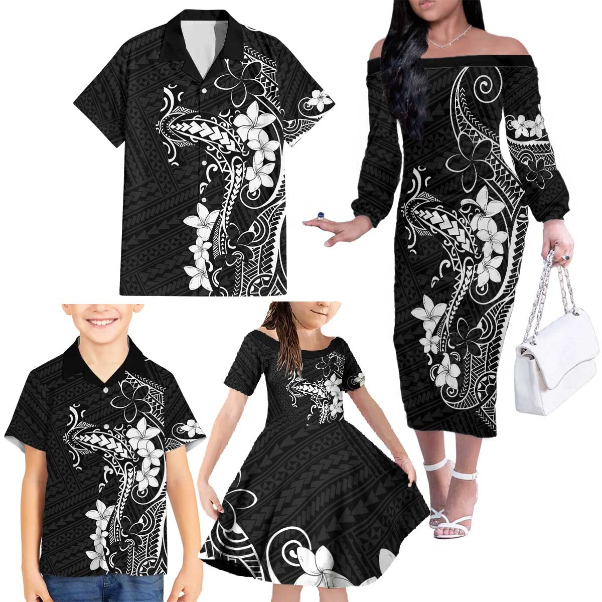 Black Hawaii Family Matching Off The Shoulder Long Sleeve Dress and Hawaiian Shirt Hammerhead Shark Tattoo Curve Polynesian - Polynesian Pride