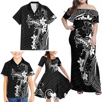 Black Hawaii Family Matching Off Shoulder Maxi Dress and Hawaiian Shirt Hammerhead Shark Tattoo Curve Polynesian - Polynesian Pride