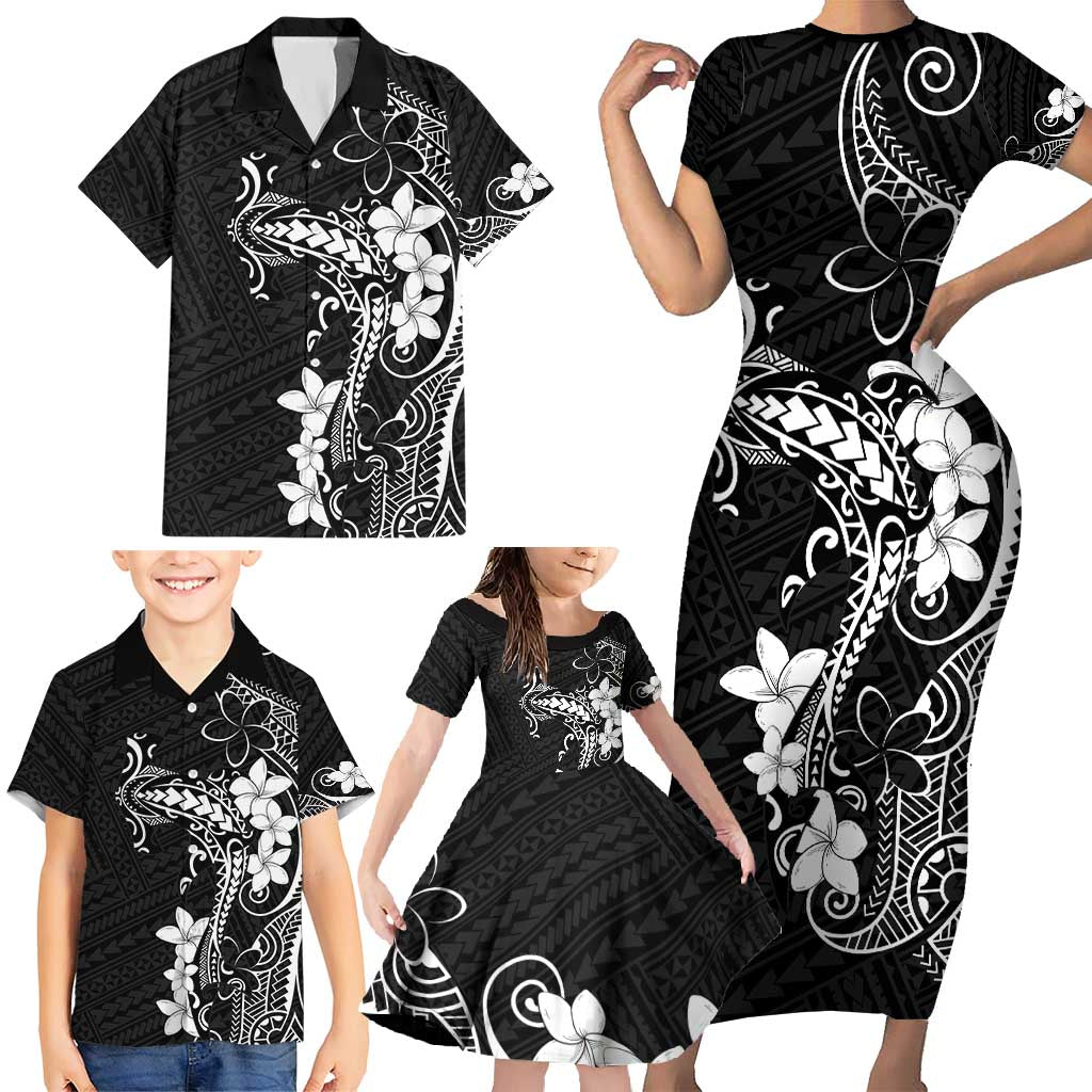 Black Hawaii Family Matching Short Sleeve Bodycon Dress and Hawaiian Shirt Hammerhead Shark Tattoo Curve Polynesian - Polynesian Pride