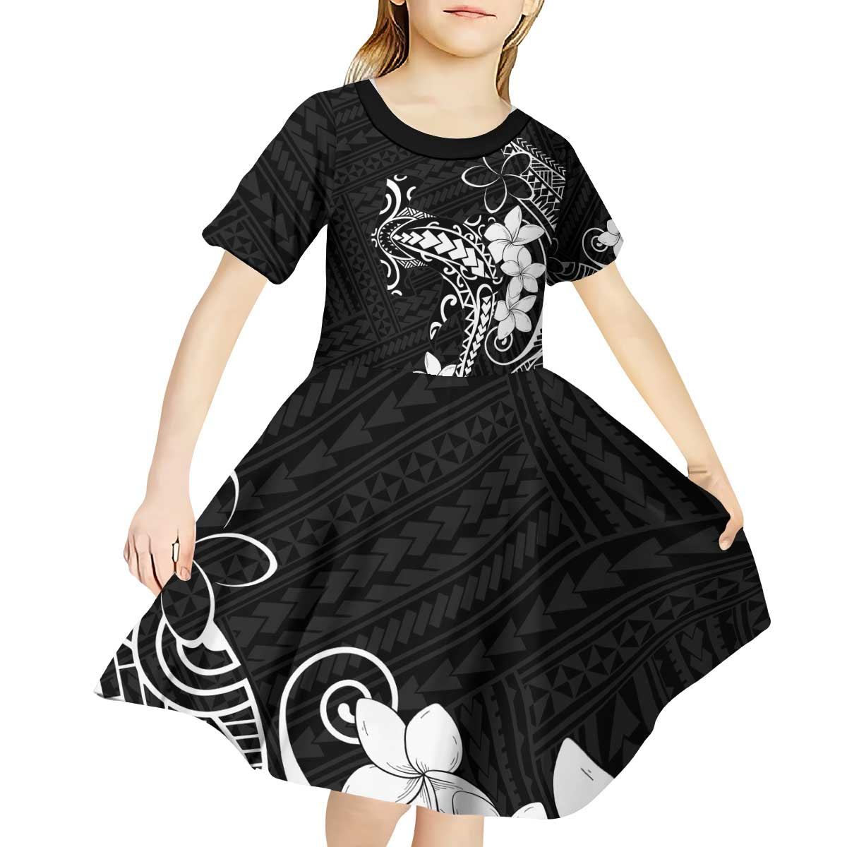 Black Hawaii Kid Short Sleeve Dress Hammerhead Shark Tattoo Curve Polynesian - Polynesian Pride