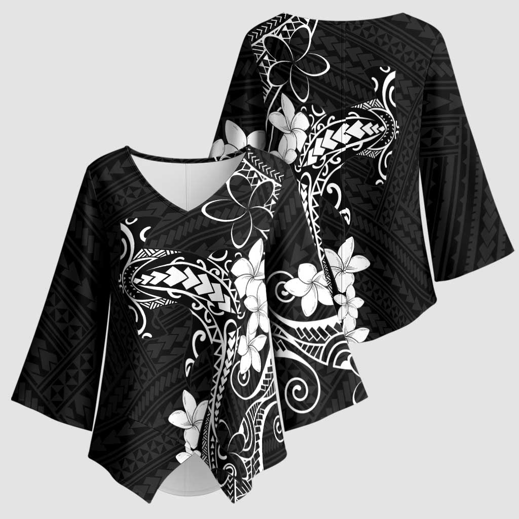 Black Hawaii Kimono Sleeve Blouse Hammerhead Shark Tattoo Curve Polynesian - Polynesian Pride
