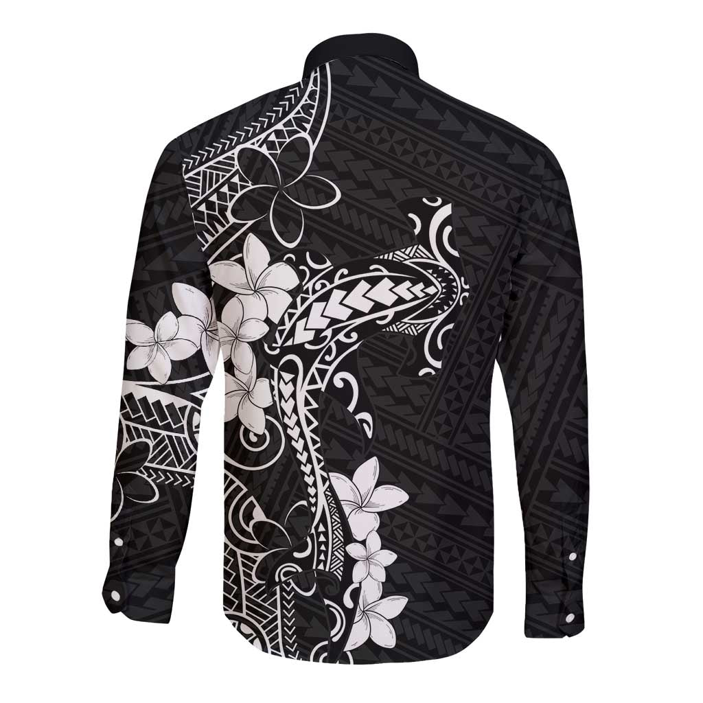 Black Hawaii Long Sleeve Button Shirt Hammerhead Shark Tattoo Curve Polynesian - Polynesian Pride