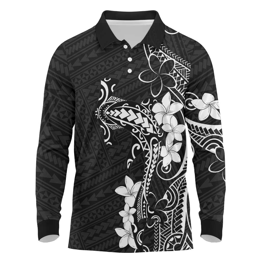 Black Hawaii Long Sleeve Polo Shirt Hammerhead Shark Tattoo Curve Polynesian - Polynesian Pride