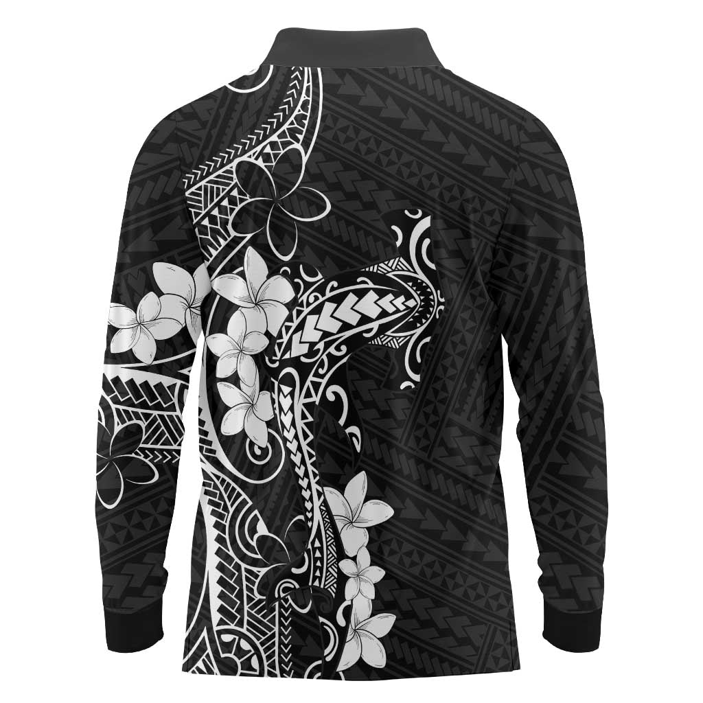 Black Hawaii Long Sleeve Polo Shirt Hammerhead Shark Tattoo Curve Polynesian - Polynesian Pride